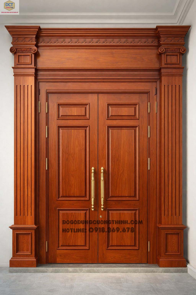 Bộ cửa mặt tiền tân cổ điển gỗ gõ đỏ CC67 đẳng cấp